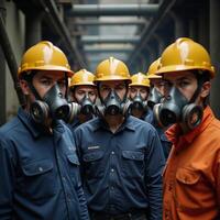 Workers wear respirators for protection during hazardous work photo