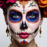 Portrait illustration featuring a woman adorned with sugar skull makeup photo