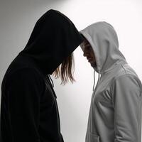 Dark isolated portrait of a hooded hacker in a black silhouette against a stark white backdrop photo