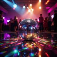 A glittering disco ball reflects party lights music and dancefloor vibes photo