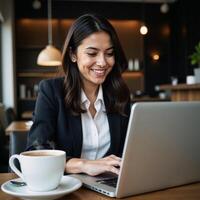 A beaming confident successful young Latina entrepreneur works at her laptop in a cozy cafbar environment while managing her small business remotely photo