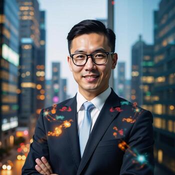 Modern business person with future tech focus doubleexposed within urban landscape Whut photo