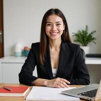 A selfassured businesswoman grins at her workspace photo