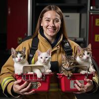 Firefighter joyfully poses with saved felines in pet carrier photo