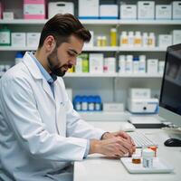 Pharmacist in lab coat organizing medications in clean pharmacy setting photo