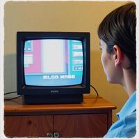 Watercolor scene featuring vintage CRT TV and sentimental viewer photo
