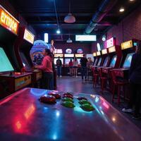 Illustration depicts a neonlit arcade center for retro gaming fun photo