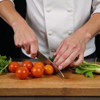 Chef skillfully prepares fresh veggies with precision photo