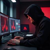 An intriguing hooded figure engrossed in cybersecurity data analysis amidst dynamic red digital visuals photo