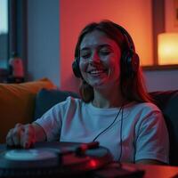 Girl enjoys relaxing with lofi visuals during evening music sessions photo