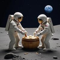 Rabbits in spacesuits making mochi on the Moon with an astral backdrop photo