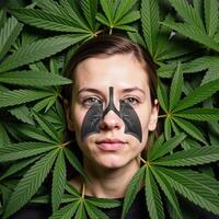 Mental illustration highlights health hazards like anaphylaxis and lung disease from marijuana smoking while showcasing its impact on cognitive functions photo