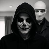 A Halloweeninspired image features a darkened setting with a hooded dangerous criminal lurking menacingly photo