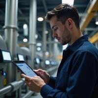Closeup view of a worker examining data on a tablet against the backdrop of an integrated hydrogen manufacturing facility photo