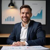 A contented financial analyst surrounded by growth charts photo