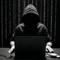 Image portrays a Matrixinspired hackers silhouette wearing a hoodie with distinctive patterns photo