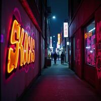 Vibrant neon graffiti illuminates a gritty cyberpunk alleyway photo