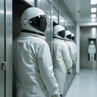 Futuristic spaceship hallways showcase rows of suspended white spacesuits in lockers photo