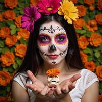 A photorealistic portrait showcases a Day of the Deadinspired Mexican woman surrounded by flowers and a skull photo