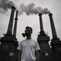 Man in gas mask before polluted factory stacks highlights environmental concerns photo