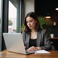 Businesswoman deep in thought with laptop notebook at a busy coffee shop photo