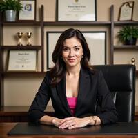 Successful businesswoman exudes confidence in sleek office environment highlighting career accomplishments photo