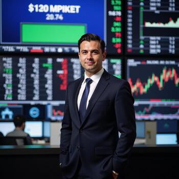 A businessman standing before a stock ticker photo