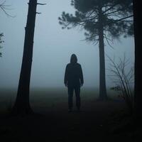 A spooky figure appears as a shadow amidst the misty woods photo
