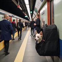Small dog on bustling subway platform peering from fashionable pet carrier among commuters photo