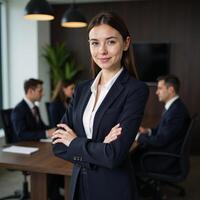 Young successful businesswoman stands confidently in a boardroom surrounded by colleagues engaged in discussion photo