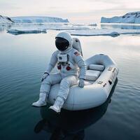 Astronaut in spacesuit on floating raft amidst icy waterscape photo