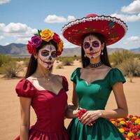 Dia de los Muertos depiction of two catrinas with sugar skull makeup in a barren Mexican desert landscape photo