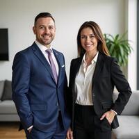 A diverse duo of smiling businesspeople pose together indoors photo
