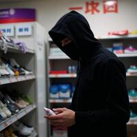 Criminal depicted as hooded silhouette stealing from store photo