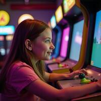 Girl playing pixel art arcade game in retro gaming hall with neon lighting photo