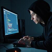 Digital illustration showcases a hacker at work with hightech equipment surrounding them photo
