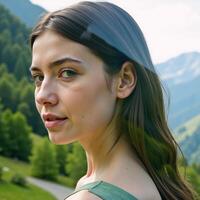 Woman in a doubleexposure portrait set against a verdant forest mountain landscape designed using environmental elements photo