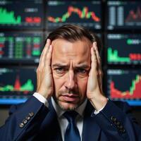 Stressedout investor in distress amidst stock charts and financial news photo