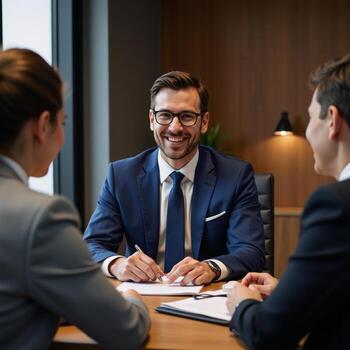 Confident financial advisor exudes trust and expertise while leading diverse clients photo