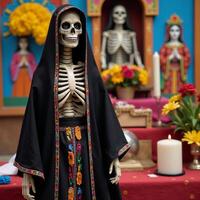 A depiction of La Santa Muerte as a skeletal figure with robed clothing and carrying a scythe or staff commonly associated with Mexican folklore photo