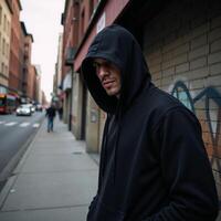 Hooded criminal lurks menacingly on city street during daylight hours Urban crime scene with fear and suspicion photo