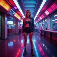 Cyberpunk neonlit electronic disco scene as backdrop for image composition photo