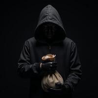 Digital Photorealistic Image Mysterious Bank Robber with Hood Mask Against Dramatic Black Background photo