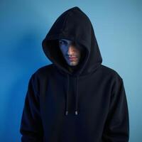 Hooded figure against blue backdrop photo