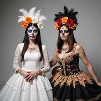 A Da de Los Muertos depiction of both a Male and Female Catrina adorned with sugar skull makeup photo