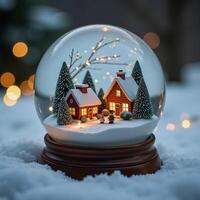 Miniature winter wonderland in a frosted snowglobe with twinkling lights photo