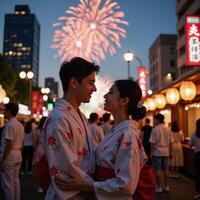 A romantic Japanese couple basks in fireworklit summer nights during a festive evening in Tokyo while dressed in traditional yukatas photo