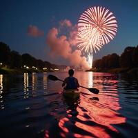 Lone kayaker enjoying peaceful Independence Day firework display on tranquil river photo