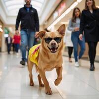 A joyful sunglasswearing canine dashes through the mall with a yellow bag photo