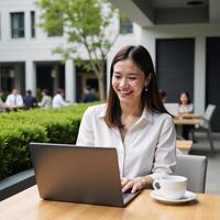 A laughing businesswoman is depicted working on her laptop amidst an office park setting photo